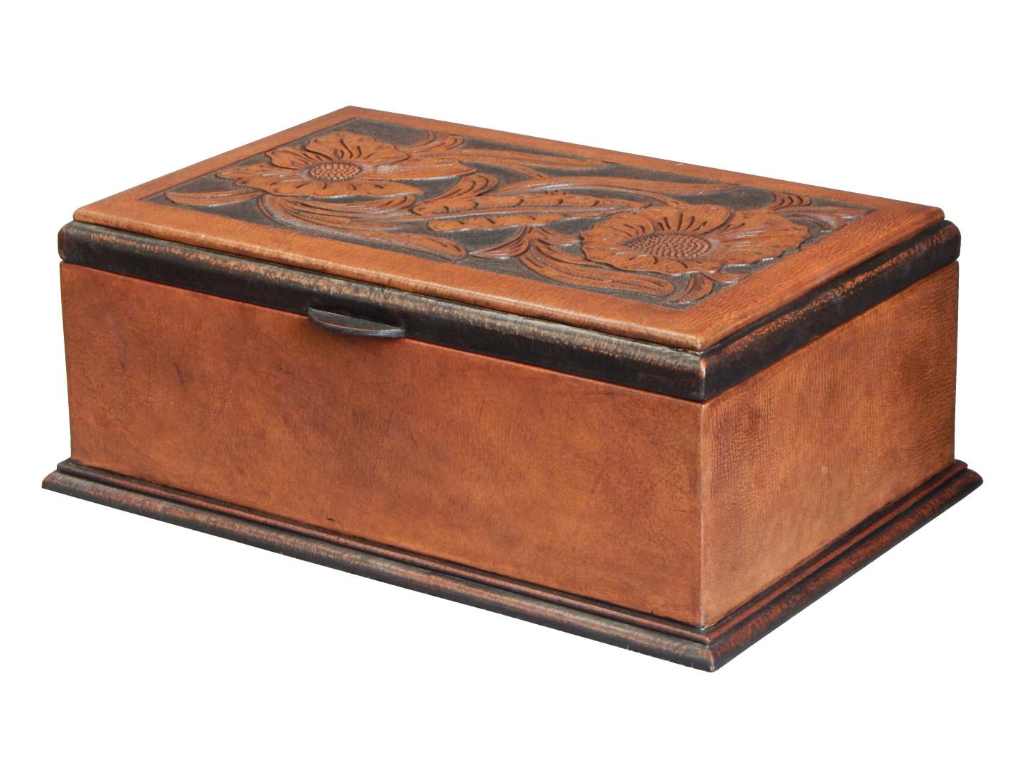 leather box with a floral/Western design/tooling on the top